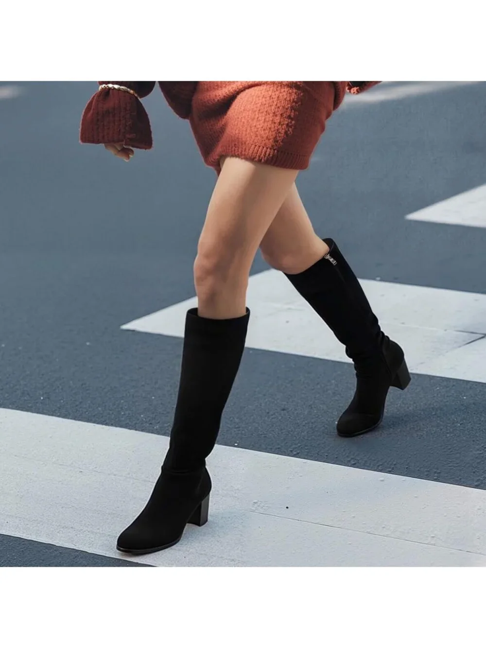 Women Suede Black Knee High Side Zip Fashionable Round Toe Gogo Chunky Heel Boot